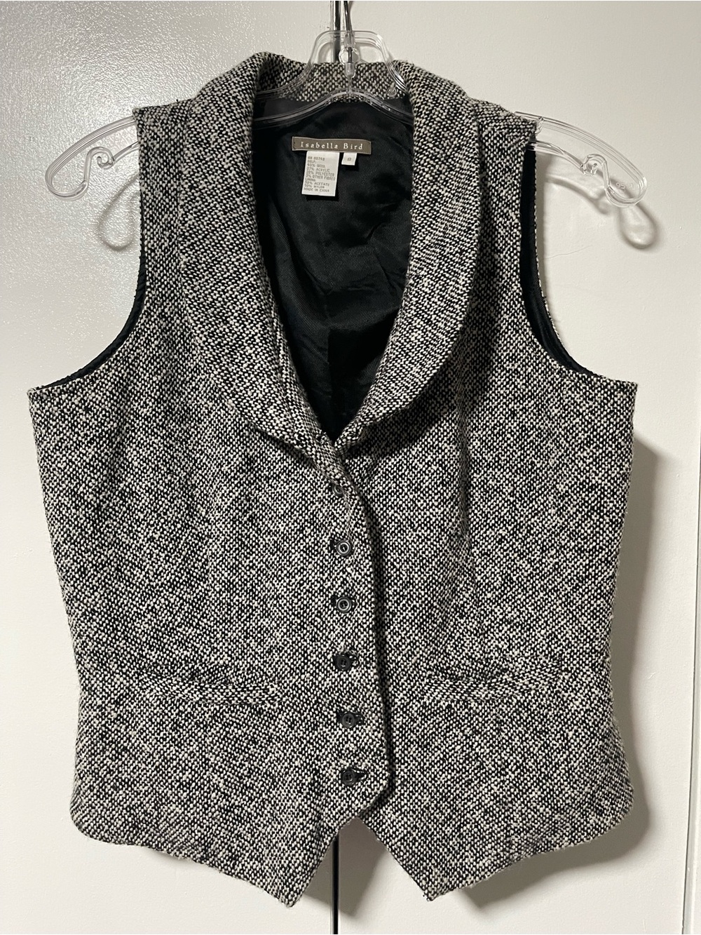 Vintage Isabella Bird Black & White Tweed Shawl-Collar Vest